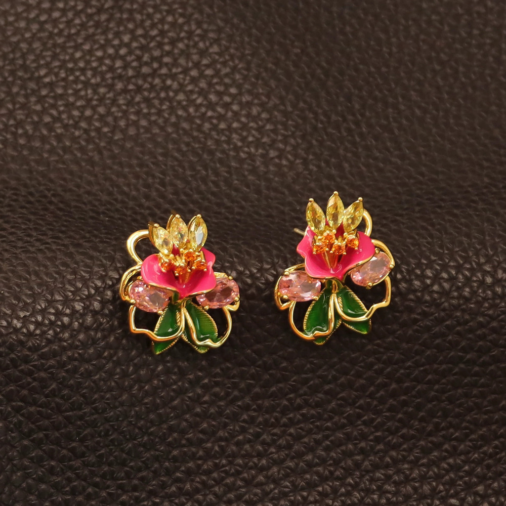 Kendra Scott Gold Plated Silver Pin Earrings Enamel Flower Gemstone